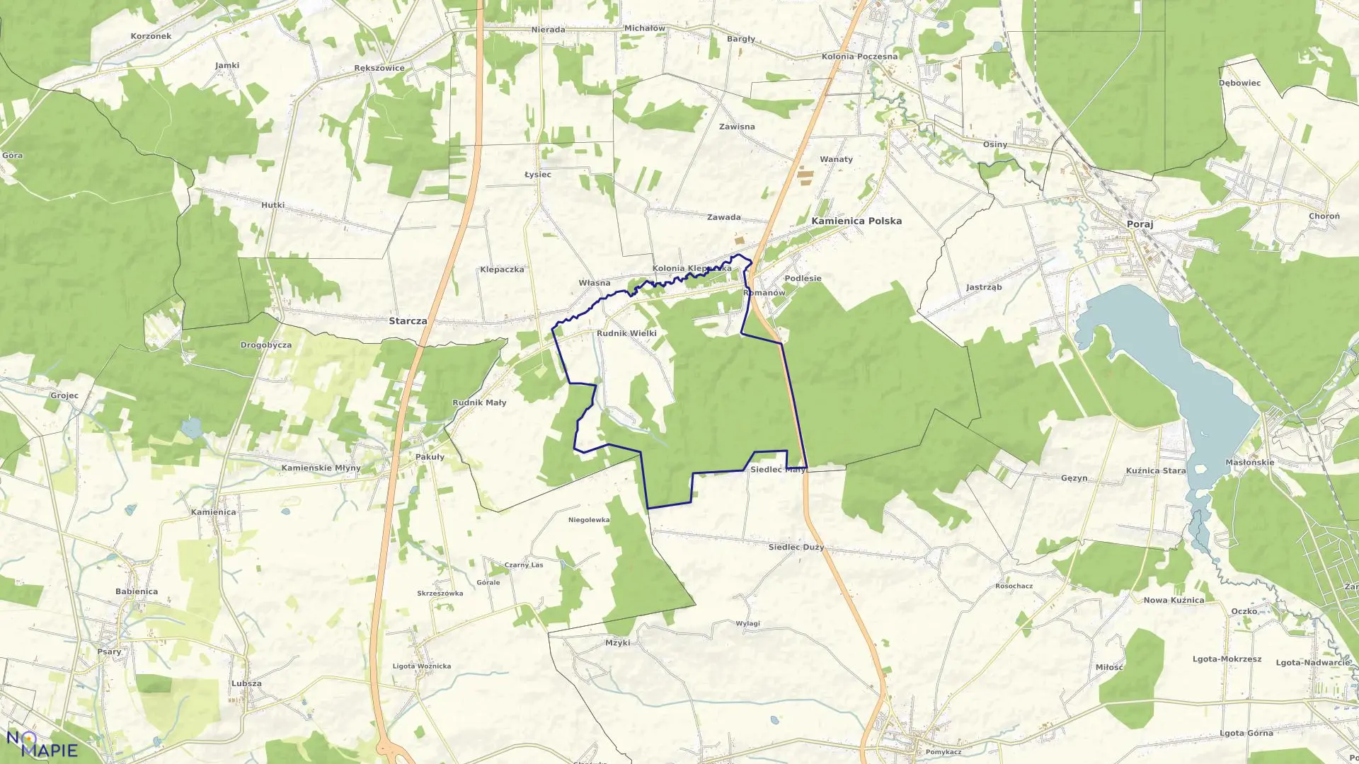 Mapa obrębu Rudnik Wielki w gminie Kamienica Polska